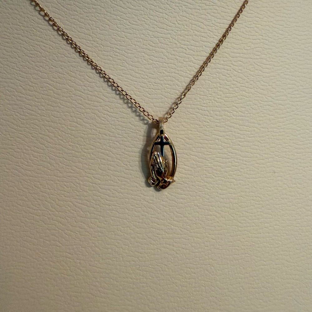 Women's Gold Tone Necklace 1/20 14k GF Praying Hands Cross Beautiful Gold Silver